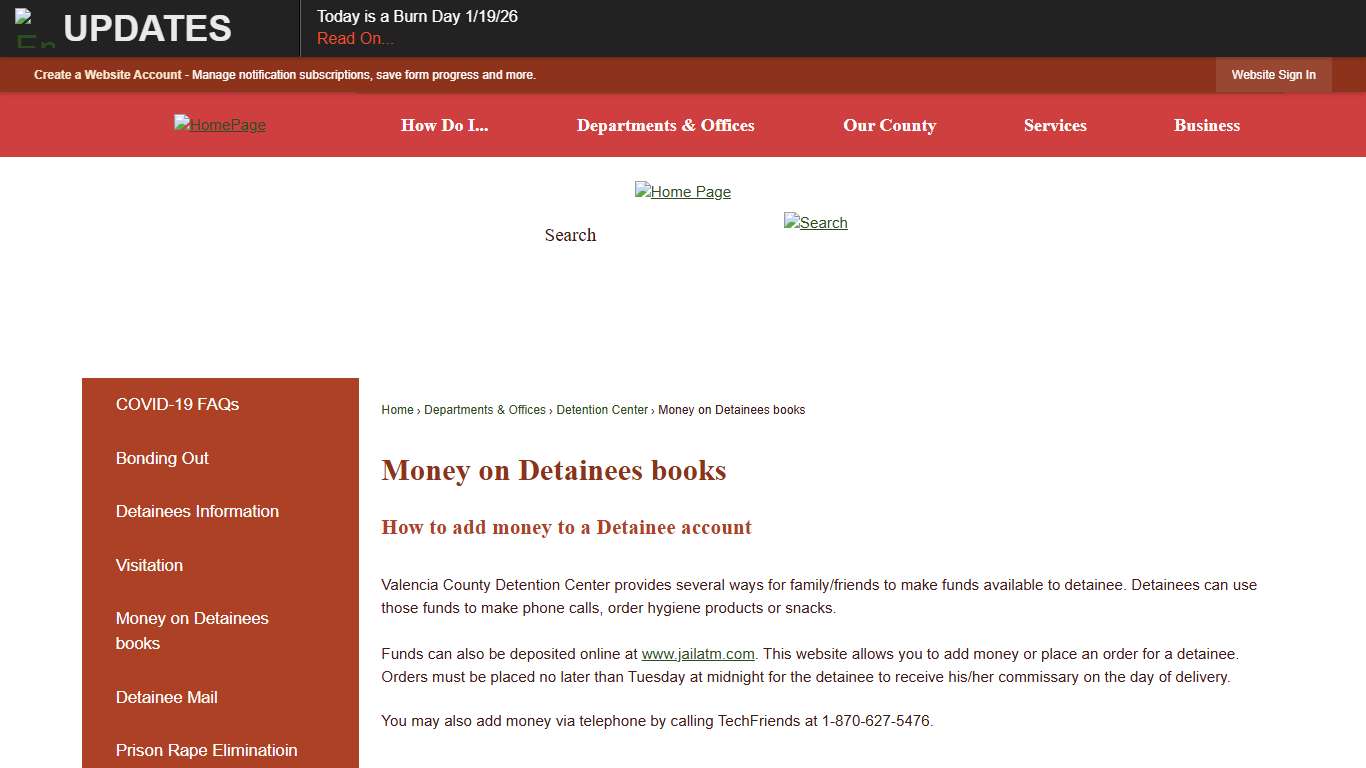 Money on Detainees books | Valencia County, NM